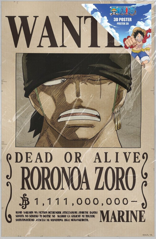 One Piece 3D Poster Wanted Roronoa Zoro 38 x 58 cm 1
